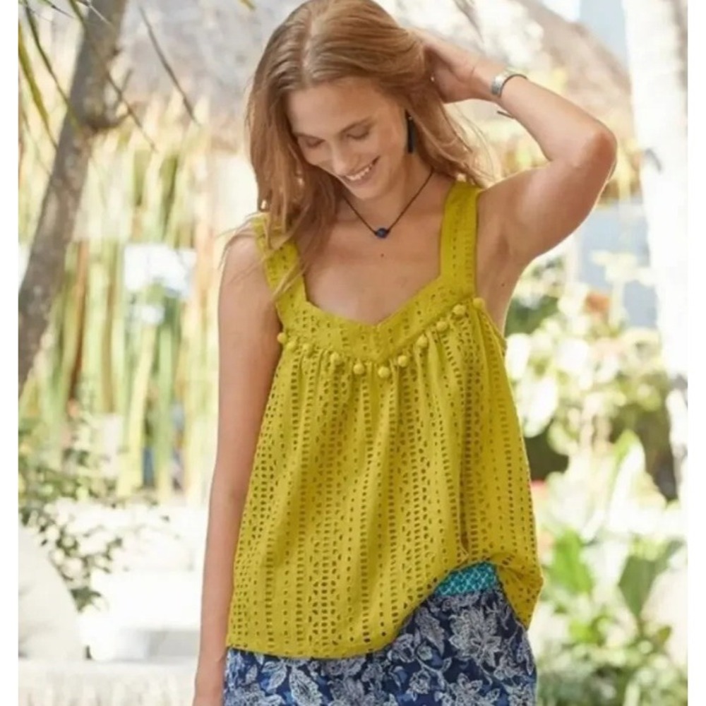 Sundance Chartreuse Eyelet Pom Tank Top Size S Boho Smocked Festival Summer Airy